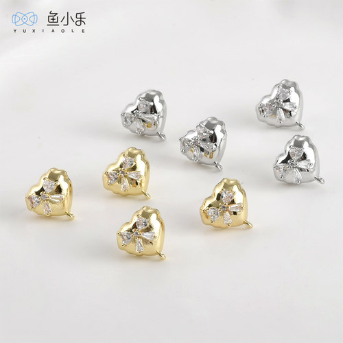 铜镀14k金镶锆石蝴蝶结爱心耳钉