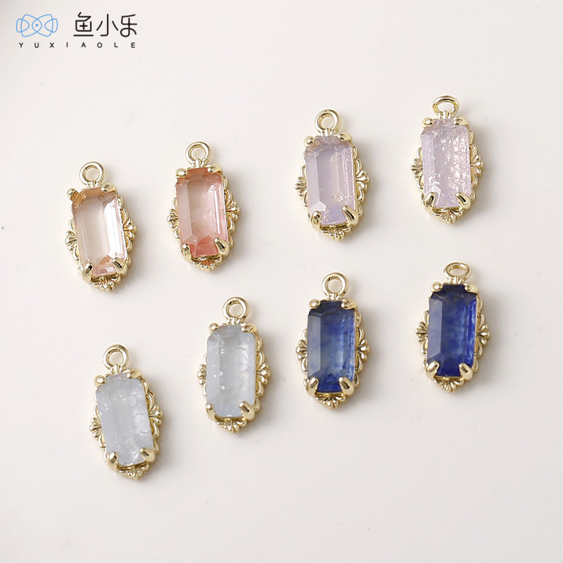 14k包金保色复古长方冰花水晶吊坠diy手作串珠耳饰项链材料配件
