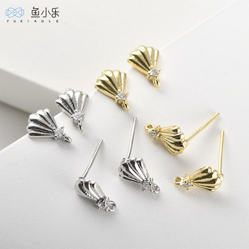 铜镀14k金小巧贝壳镶锆耳钉DIY