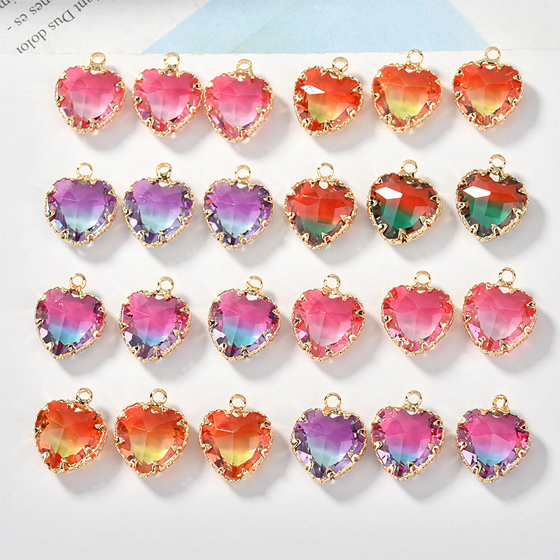 桃心爱心双色渐变复古铜包边切面水晶吊坠diy耳环饰品材料配件