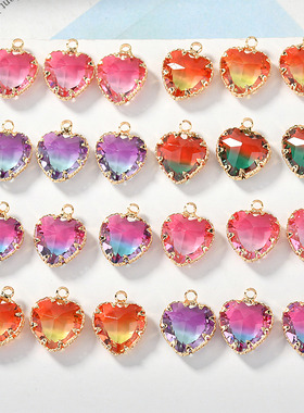 桃心爱心双色渐变复古铜包边切面水晶吊坠diy耳环饰品材料配件