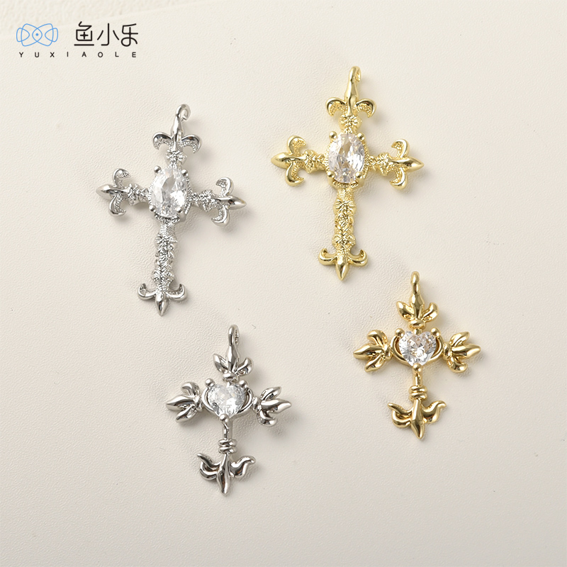 铜镀14k金保色十字架锆石吊坠diy