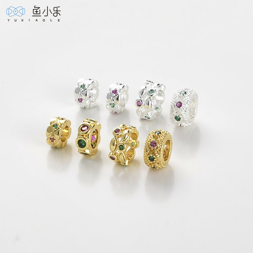 铜镀18k厚银镶锆石大孔隔珠diy