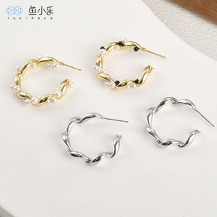 14k电镀真金保色C形麻花绕线圈耳钉diy手作珍珠耳环耳饰配件材料