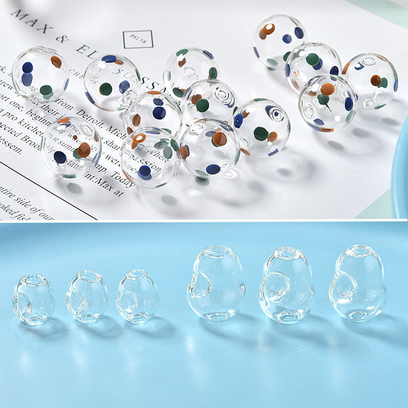彩色手绘波点圆形抽象葫芦玻璃泡泡对孔diy手工饰品耳环材料配件