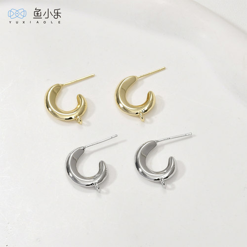 双面扁C形带吊银针耳圈耳环