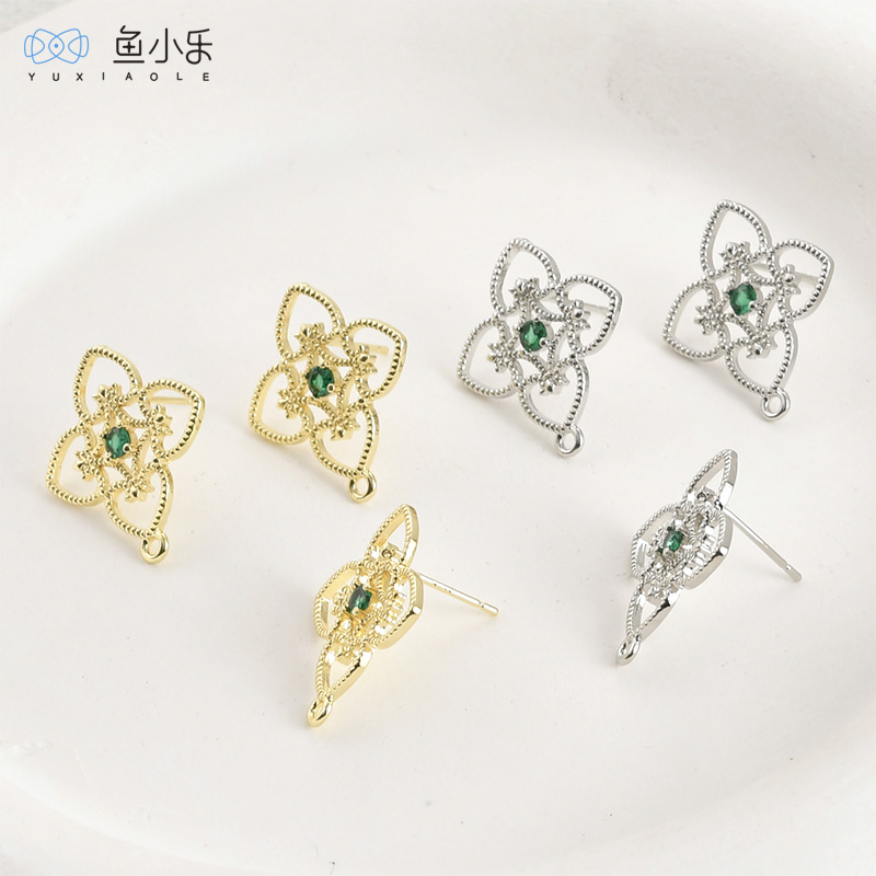 铜镀14k金四叶草镂空耳钉diy
