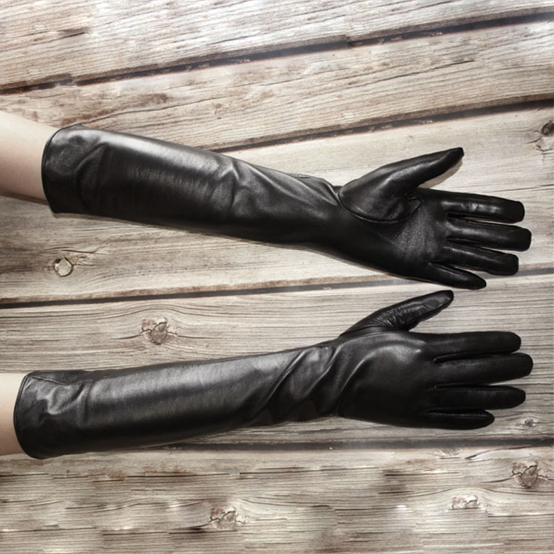 长皮手套女真皮长款薄款丝滑衬里冬季加绒保暖超长黑色绵羊皮分指