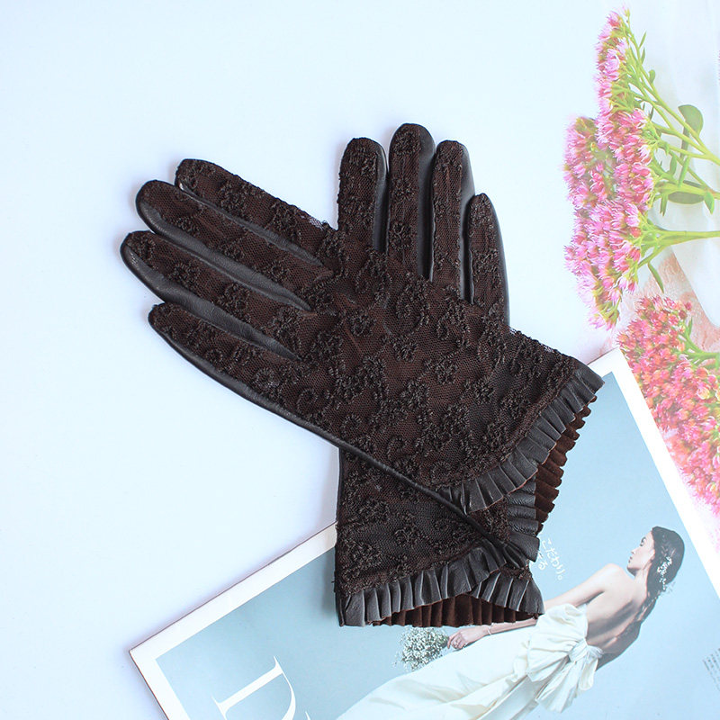 四季开车触摸屏羊皮手套女单皮无里薄款时尚蕾丝防晒真皮骑车分指