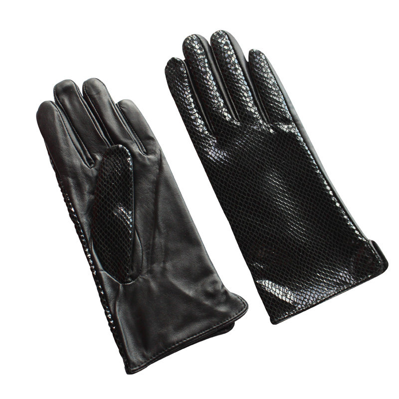 HIGH-GLOSS SHEEPSKIN GLOVES FEMALE GENUINE LEATHER SNAKE PRINT FASHIONABLE NEW WINTER VELVET WARM DRIVER DRIVING MOTORCYCLE RIDING