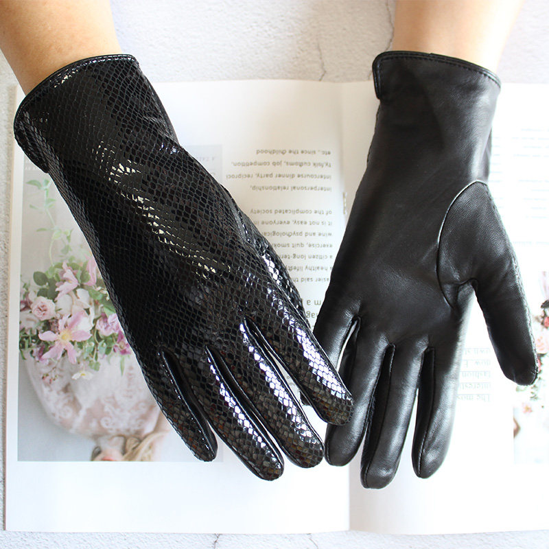 HIGH-GLOSS SHEEPSKIN GLOVES FEMALE GENUINE LEATHER SNAKE PRINT FASHIONABLE NEW WINTER VELVET WARM DRIVER DRIVING MOTORCYCLE RIDING