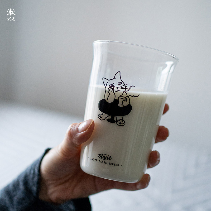 漱以小猫系列原创玻璃杯大容量高硼硅耐热送礼水杯牛奶杯啤酒杯子