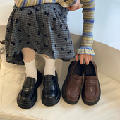 真皮乐福鞋 喵唔 小皮鞋 女厚底复古黑色一脚蹬单鞋 天空秋冬季 新款