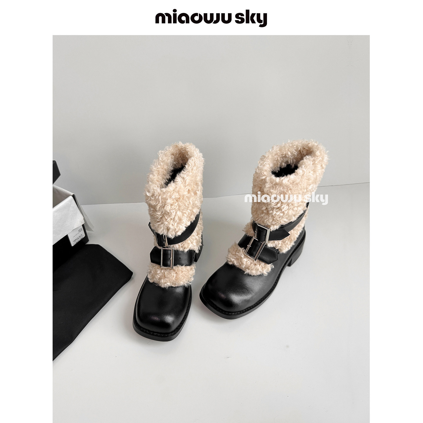 喵唔的天空皮带扣韩系粗跟圈圈毛加绒时装雪地靴冬千金风小众皮鞋,女鞋,马丁靴,淘宝优惠券,粉丝福利购,淘宝优惠卷