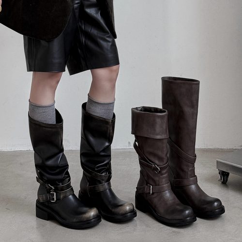 秋冬美拉德粗跟骑士靴女