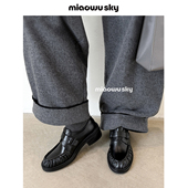 女春秋粗跟牛皮单鞋 天空通勤褶皱气质乐福鞋 1.08上新 喵唔