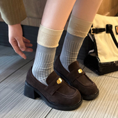 粗跟单鞋 喵唔 通勤复古厚底乐福鞋 女金币气质小皮鞋 天空春季 新款