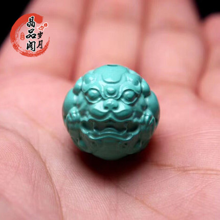湖北原矿绿松石兽头珠 龙珠圆珠高瓷雕刻散珠 回纹珠貔貅文玩配饰