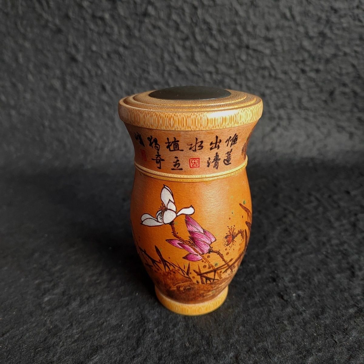 一物一拍葫芦形烫画荷花图内胆竹有机口盖精工海派镶嵌制作茶叶罐
