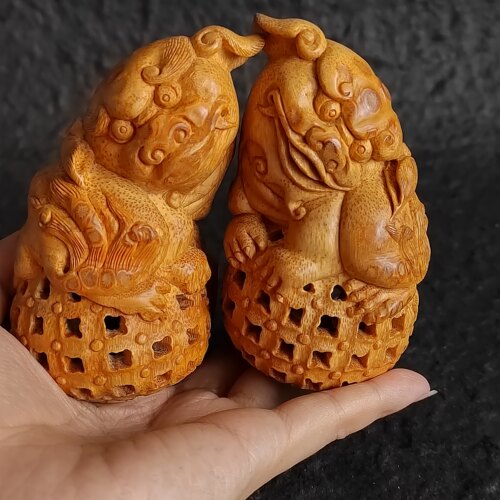 一物一拍事事如意对狮名家夏荣建雕刻老料竹根满钉把件摆件竹师傅