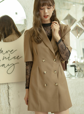 I.LUC原创欧版双排扣西服A字裙五分袖短裙春季新品甜心高腰连衣裙