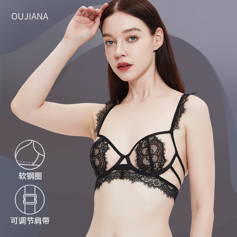 法式跨境新品性感套装纯欲蕾丝内衣大胸显小防下垂软钢圈文胸夏季