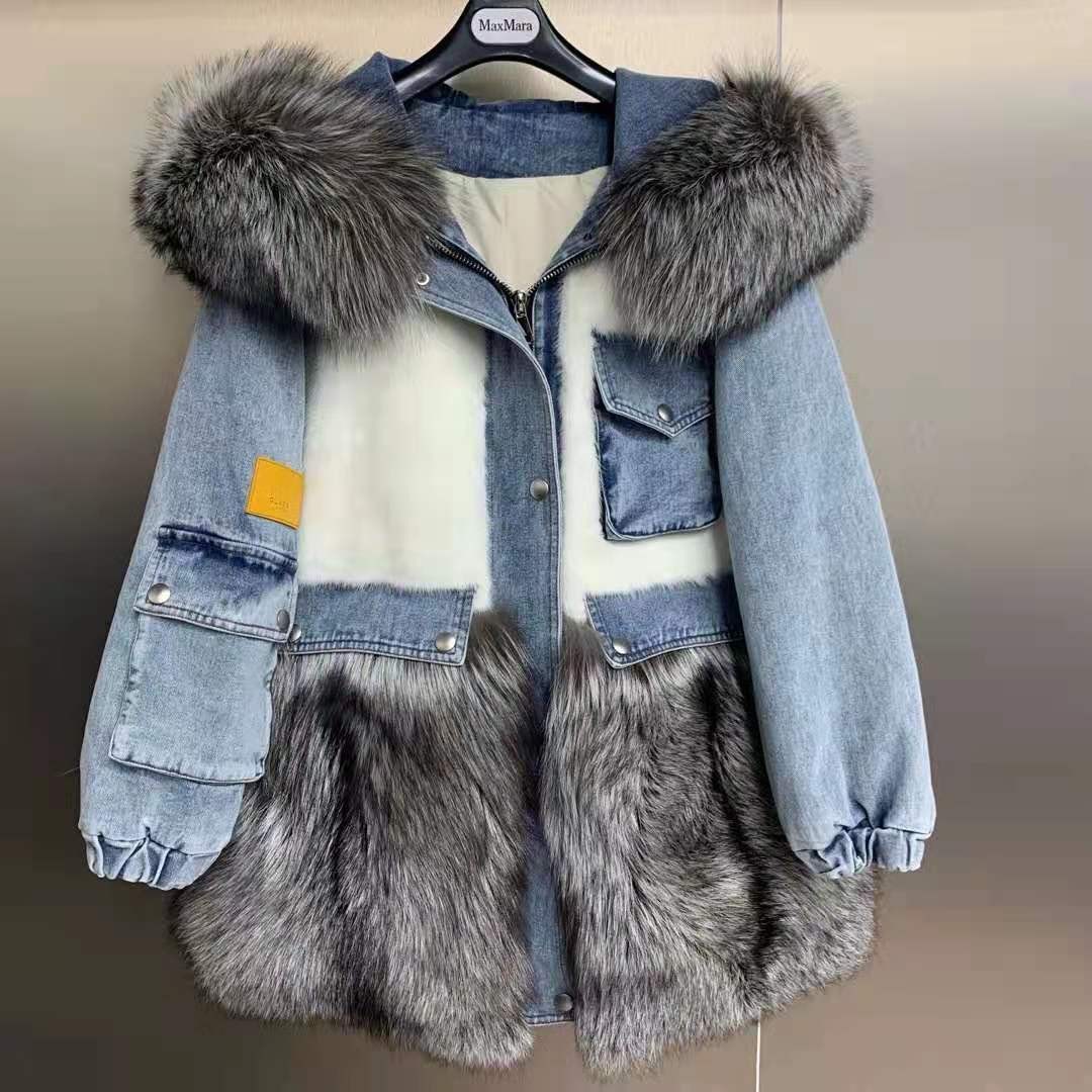 2021新款水貂毛皮草外套拼牛仔女款超大银狐毛领派克服中长款大衣
