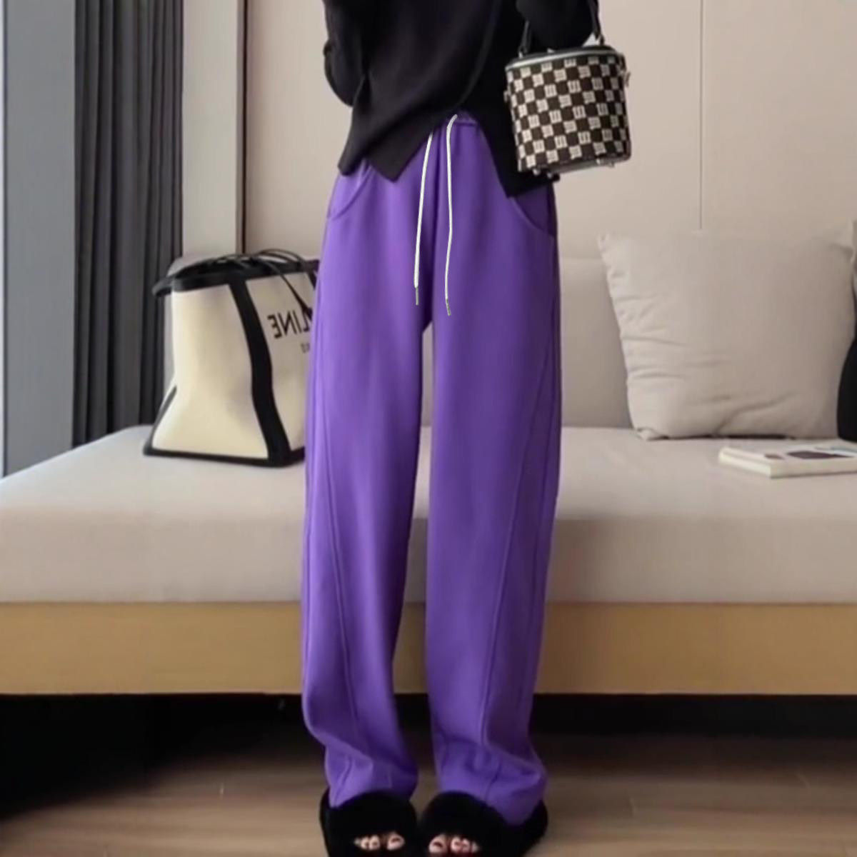 PLER紫色香蕉镰刀裤女秋冬加绒松紧腰直筒窄版阔腿裤运动休闲卫裤,女装/女士精品,卫裤,淘宝优惠券,粉丝福利购,淘宝优惠卷