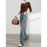 PLER高腰国风刺绣阔腿牛仔裤女春秋新款宽松显瘦垂感直筒拖地裤子