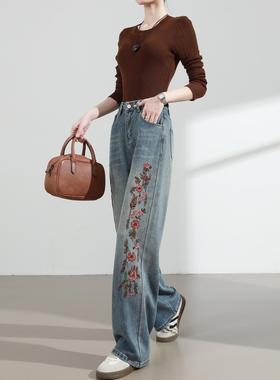 PLER高腰国风刺绣阔腿牛仔裤女春秋新款宽松显瘦垂感直筒拖地裤子