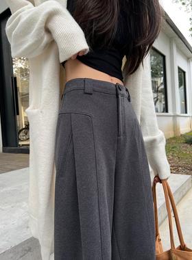 PLER灰色加绒西装阔腿裤女秋冬款季羊毛香蕉镰刀裤高腰垂感休闲裤