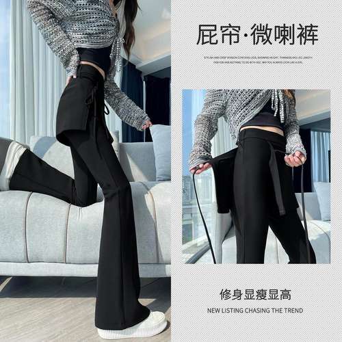 加绒裙裤女2025秋冬新款流行爆款修身显瘦绑带屁帘假两件微喇叭裤