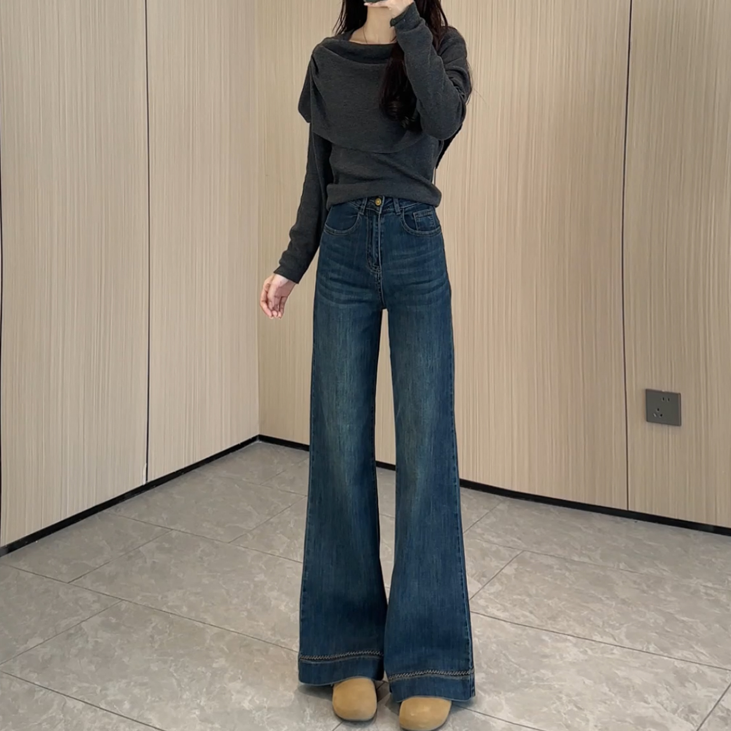 复古蓝高腰加绒显瘦喇叭牛仔裤