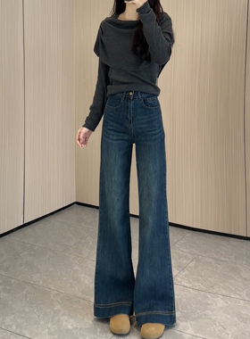 PLER复古蓝阔腿加绒牛仔裤女2025秋冬新款高腰弹力直筒显瘦喇叭裤