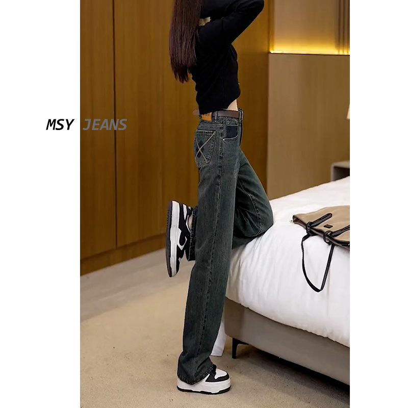 PLER牛仔裤女窄版阔腿2025春秋季新款加厚设计感高腰直筒加绒冬款