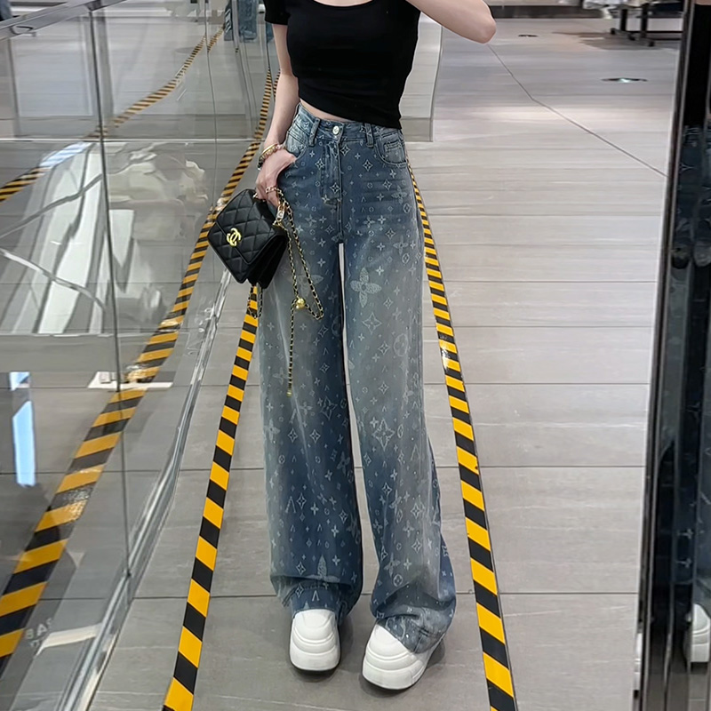 复古烫钻印花阔腿牛仔裤女