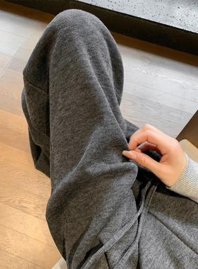 PLER灰色糯米阔腿裤女2025新款加绒窄版秋冬直筒裤小个子休闲裤子