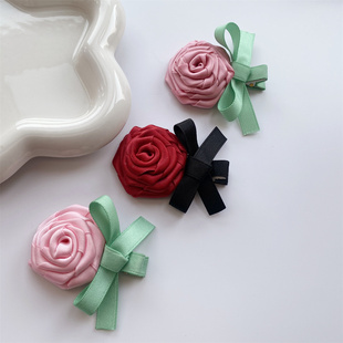 女孩手工玫瑰花发夹儿童花朵侧边夹公主甜美发卡酒红女宝头花发饰