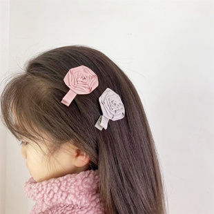 新款女孩手工花朵发夹儿童螺纹布艺玫瑰花发卡女童气质边夹鸭嘴夹