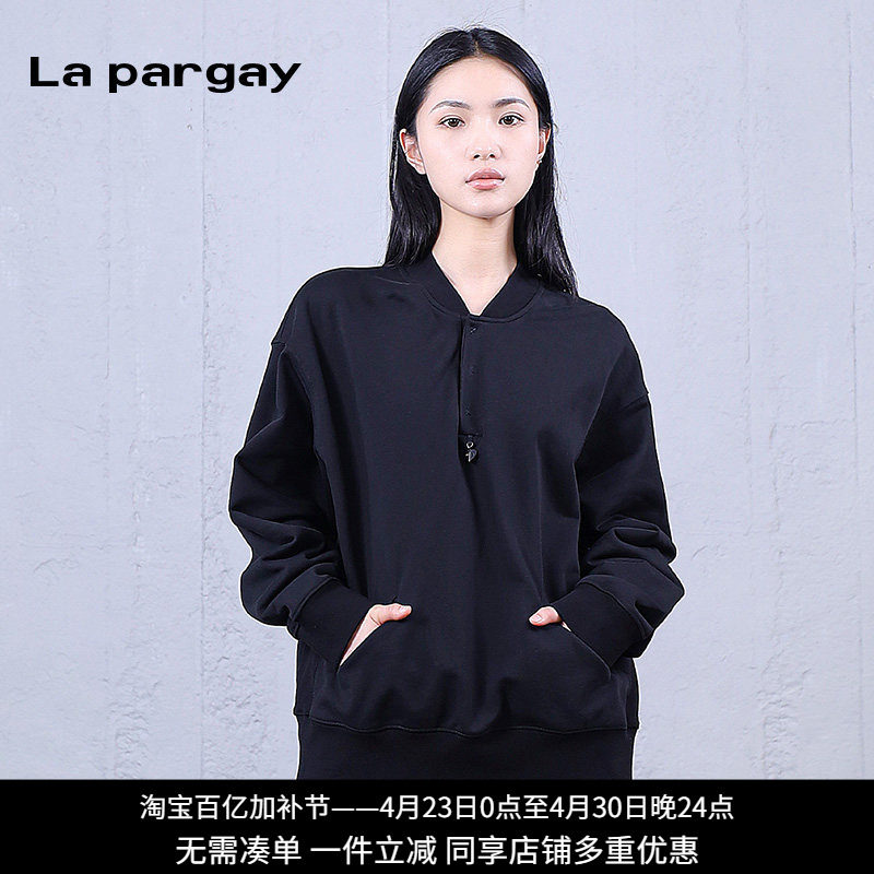 La Pargay纳帕佳黑色立领卫衣女宽松休闲中性风背后烫钻印花上衣