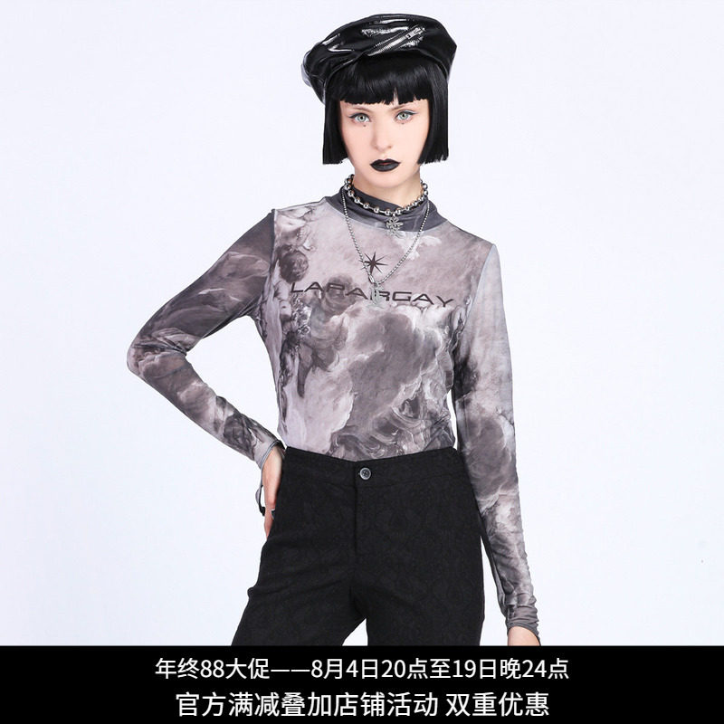 纳帕佳扎染高领网纱长袖T恤女