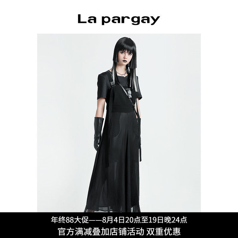 纳帕佳黑色网纱拼接显瘦连衣裙