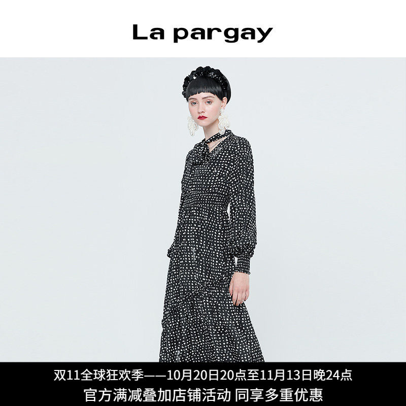 纳帕佳波点雪纺高腰显瘦连衣裙