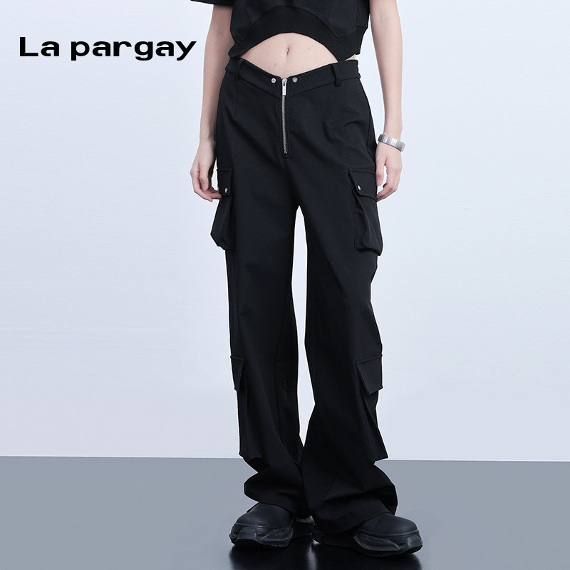 La pargay纳帕佳工装风多口袋拉链裤女黑色个性设计感宽松休闲裤