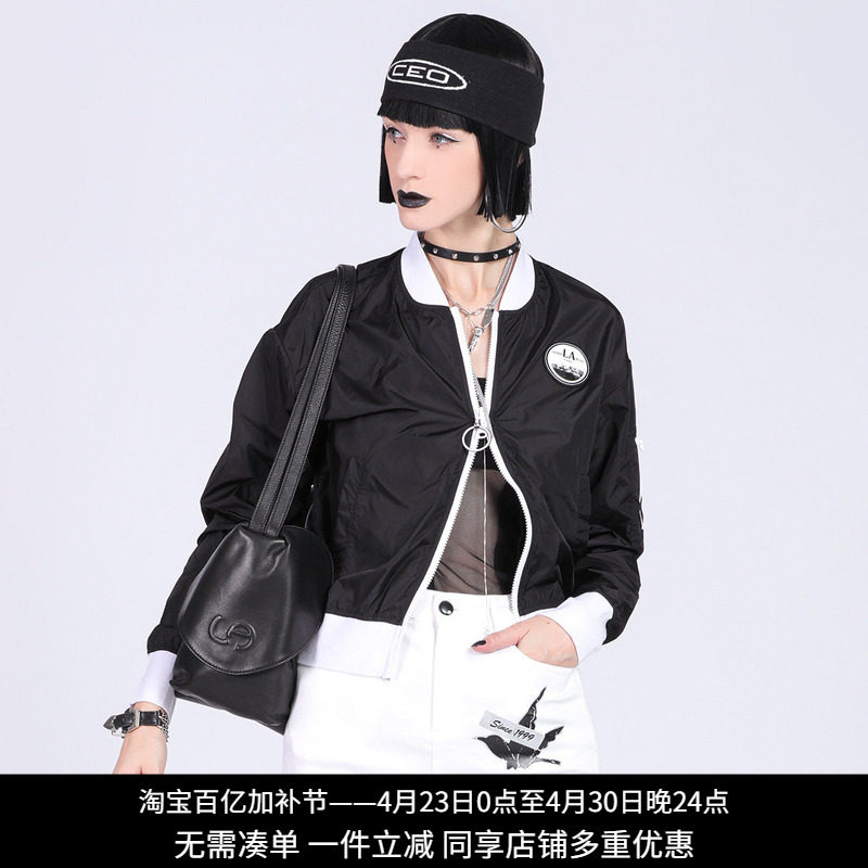 La pargay纳帕佳黑色短款外套女宽松百搭拉链夹克印花棒球服外套