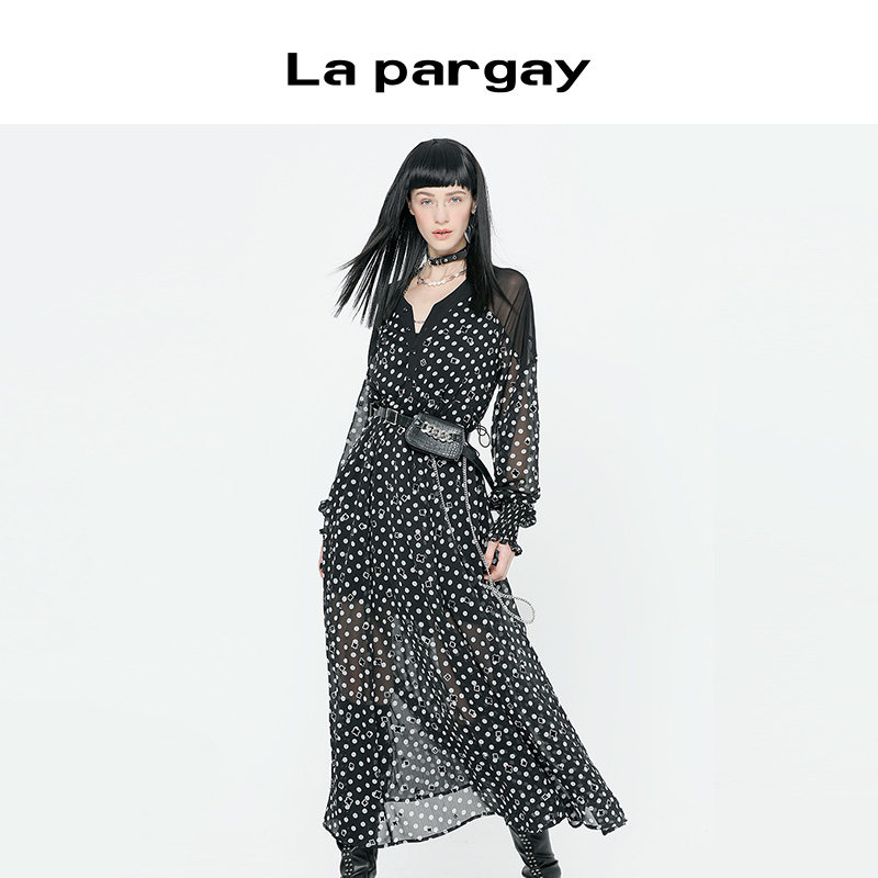 La pargay纳帕佳设计感小众波点连衣裙女长袖收腰复古黑色长裙