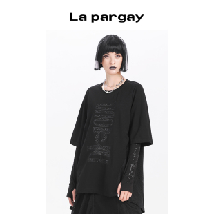 宽松圆领中长款 Lapargay纳帕佳2024新款 时尚 女装 T恤 黑色上衣个性