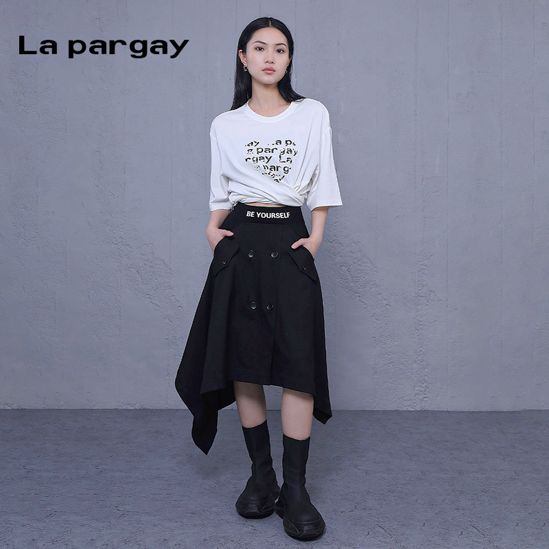 纳帕佳装饰口袋不规则半身裙2024春夏新款女式黑色个性中长款裙子