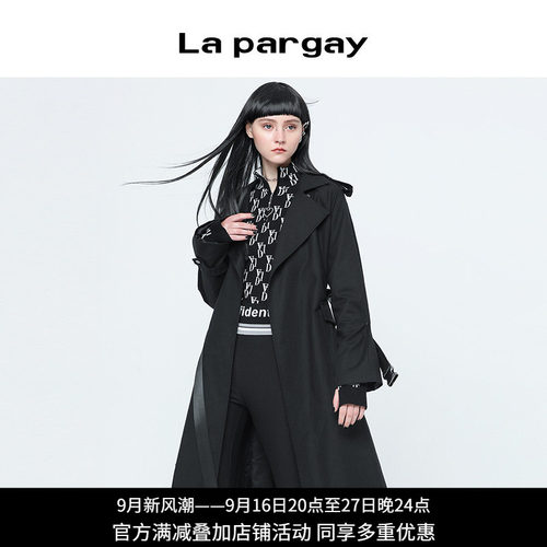 纳帕佳黑色长款翻领收腰女风衣