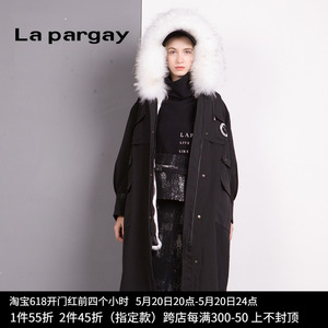 Lapargay纳帕佳2023秋冬新款女装黑色中长款连帽保暖羽绒服棉服